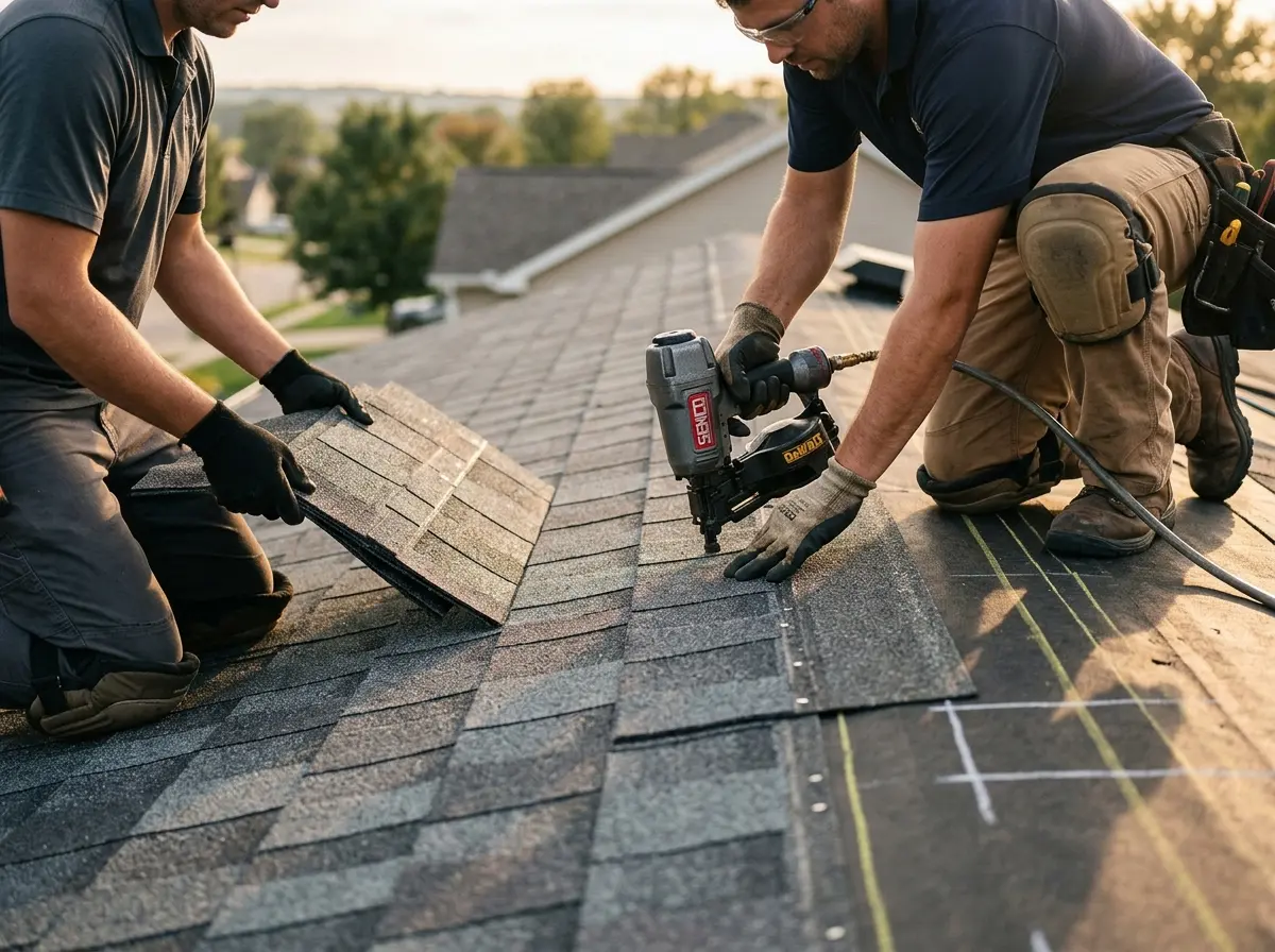 Professional roofer working on a residential roof in Waterboro